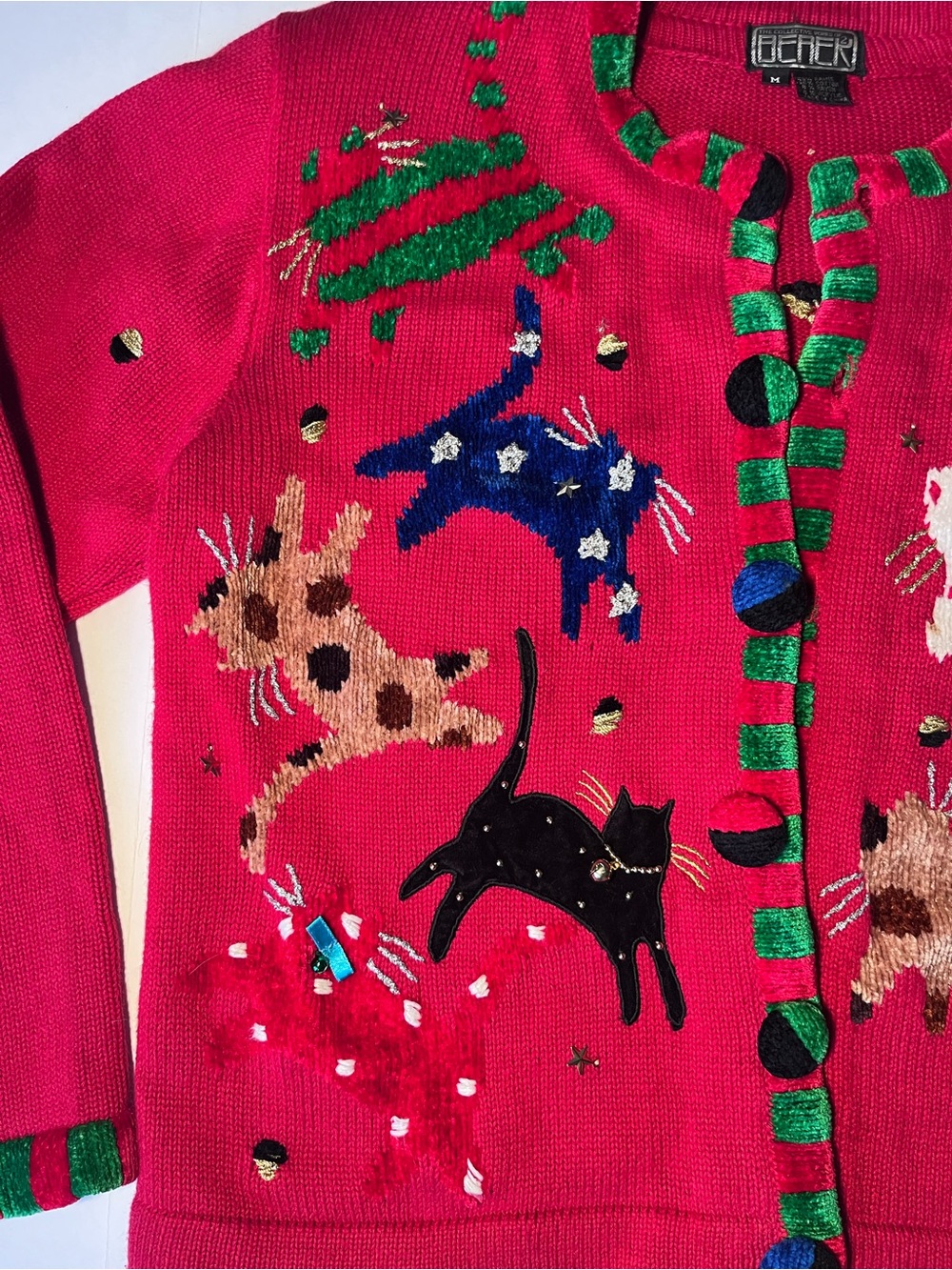 VTG 90s Berek Red Leaping Cats Beaded Cardigan Sweater Size Medium Grannycore - Picture 2 of 9
